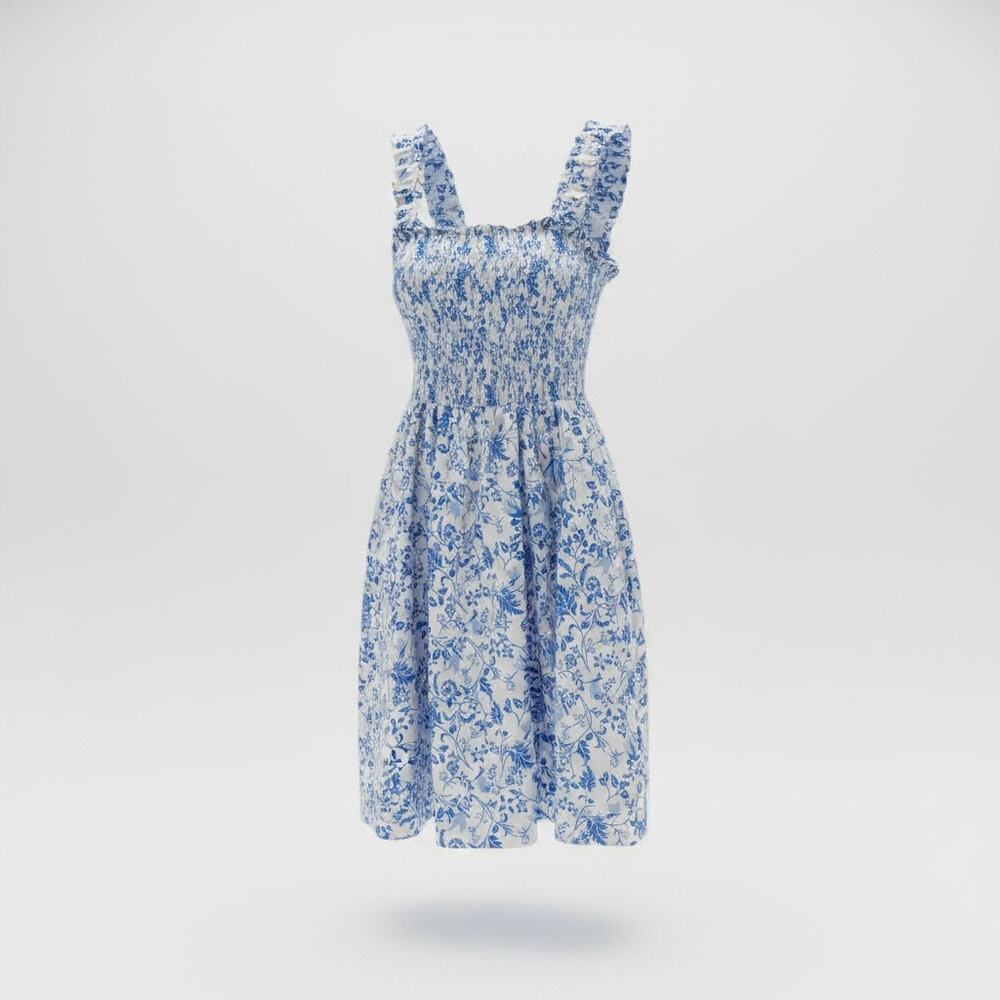 Kate Kasin Smocked Bodice Blue Toile Sundress L